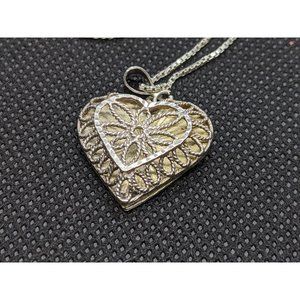 Vintage 925 Sterling Silver Filigree Heart and Box Chain Pendant and Necklace. S